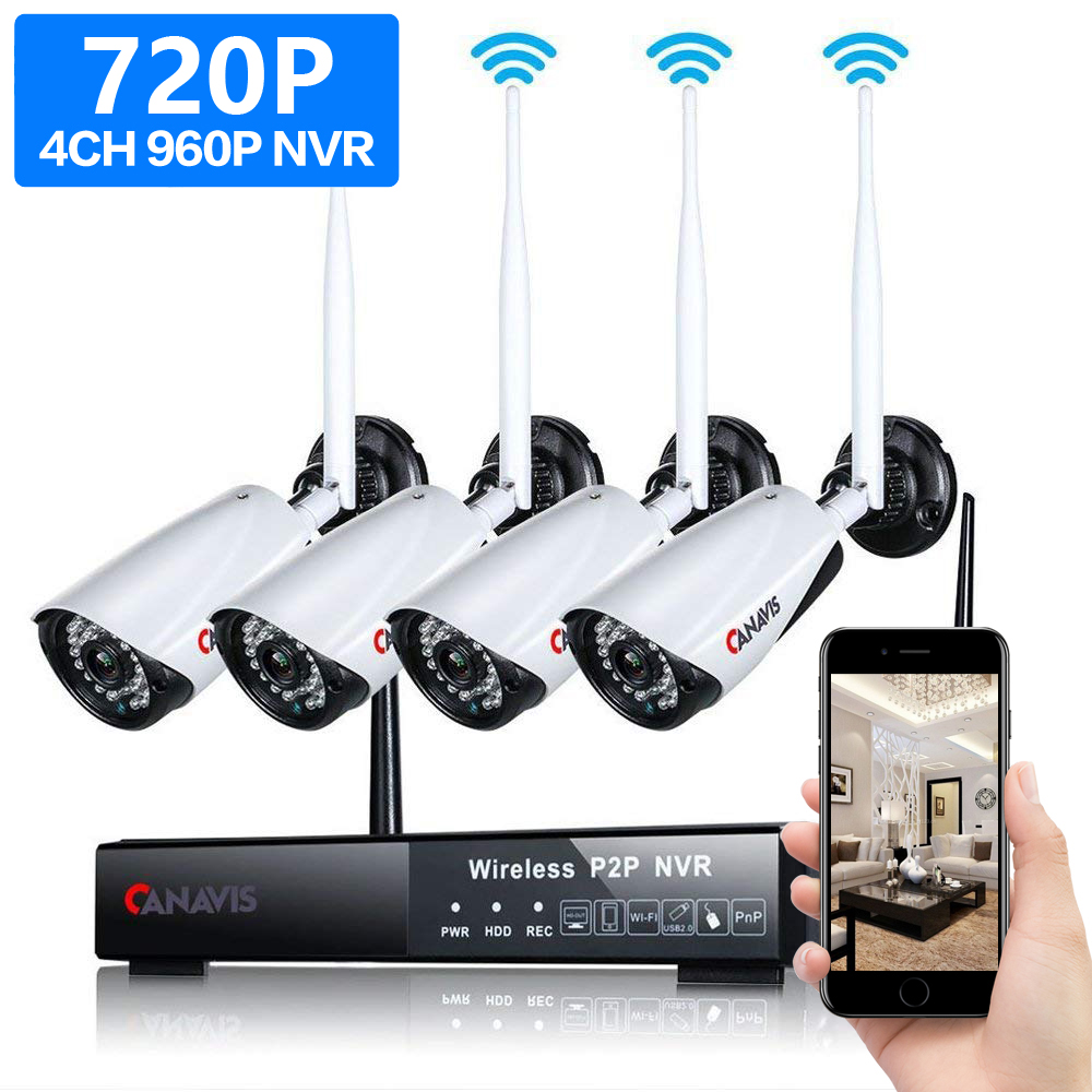 Wireless Security Camera System Outdoor,CANAVIS 4 Channel 960P NVR 4Pcs 720P 1.3MP Night Vision IP Security Surveillance Cameras Home, Plug&Play,Easy Remote View, NO HDD